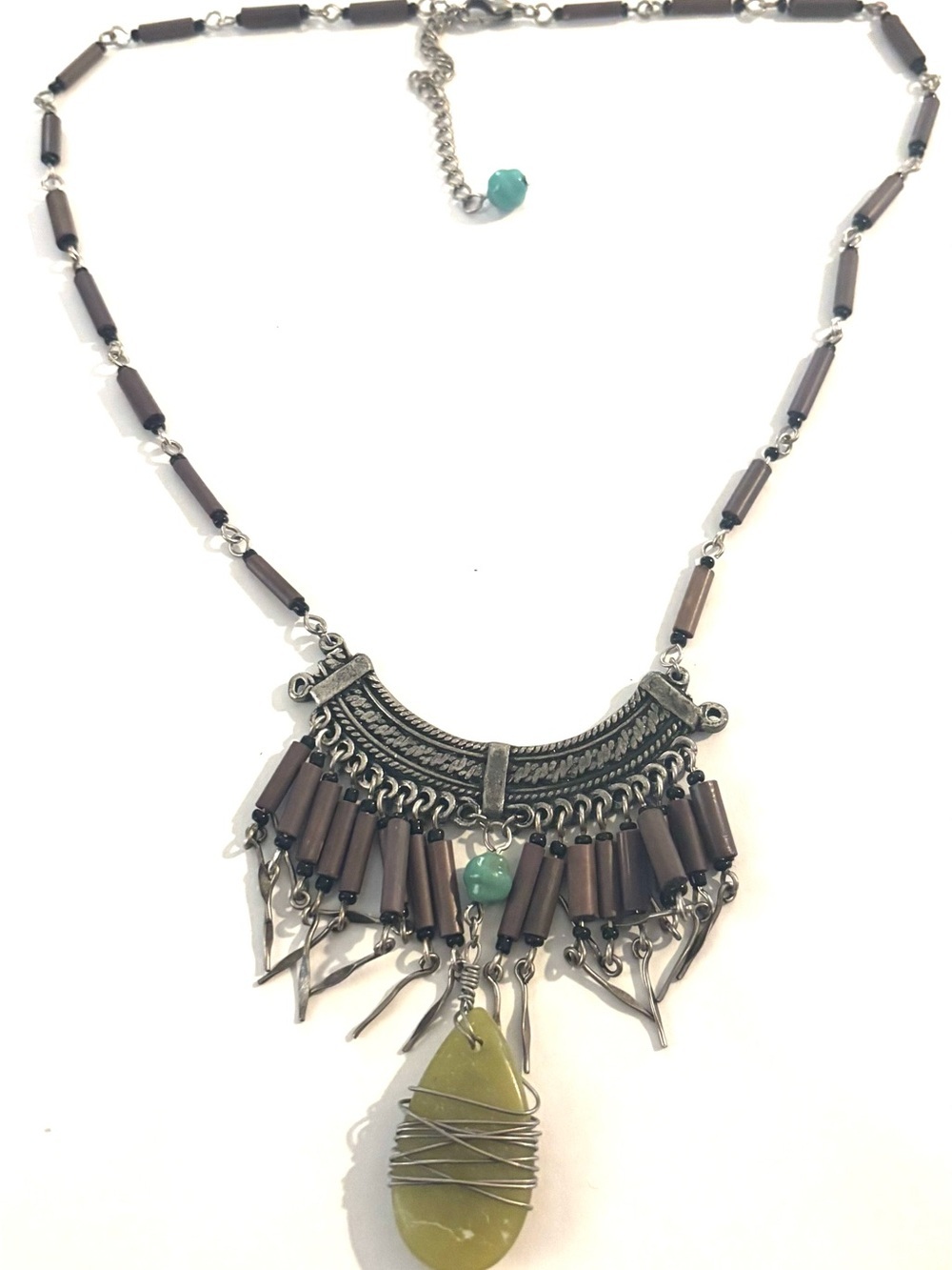Fashion Jewelry Brown Bead Necklace with Olive Green Pendant and Teal Accent